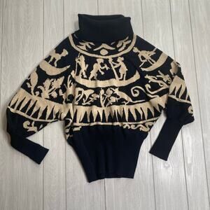 Chacok Vintage Black & Tan Knit Chameleon Floral Turtleneck Sweater Size Large